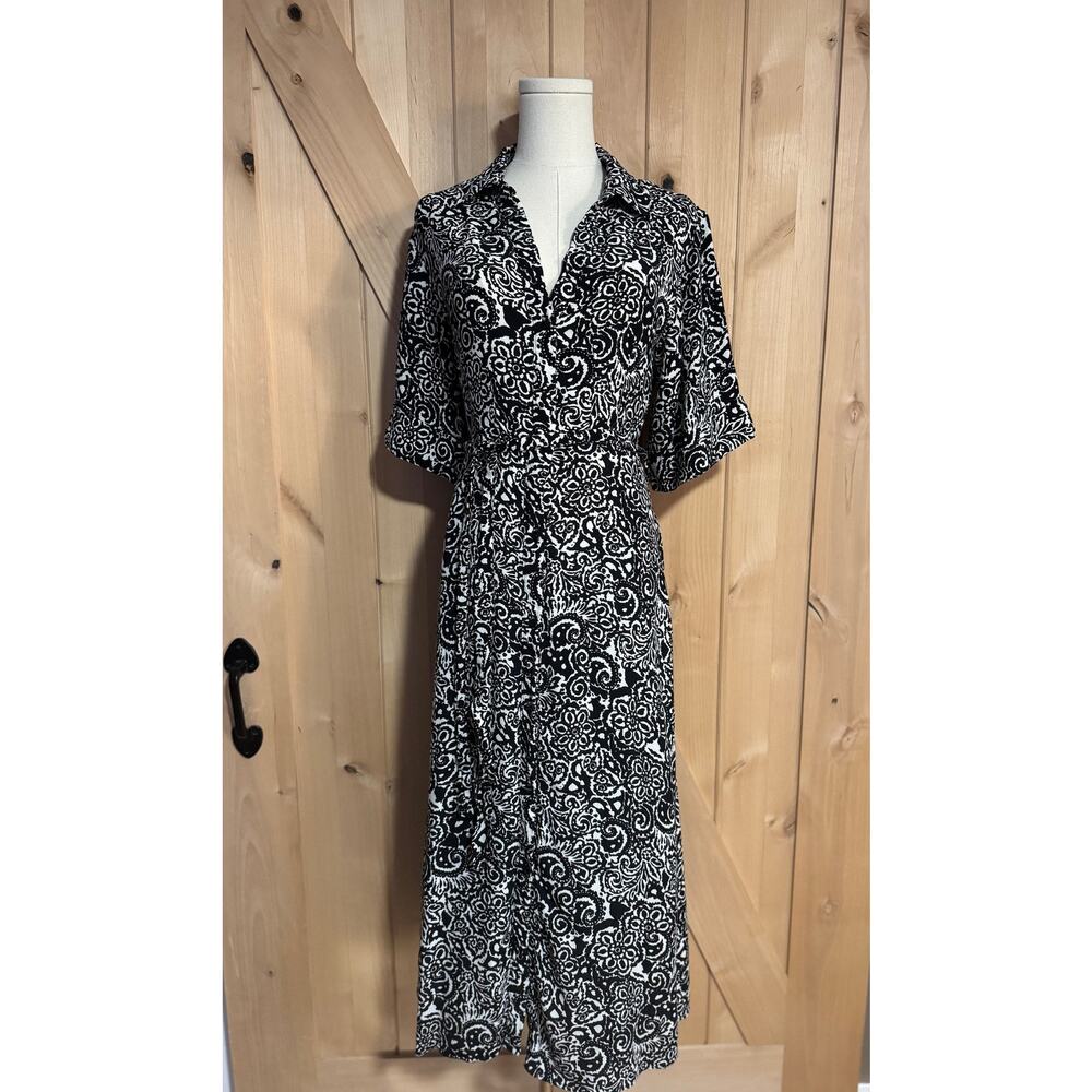 Zara | Black and White Print Short Sleeve Belted Button Down Dress | Size S